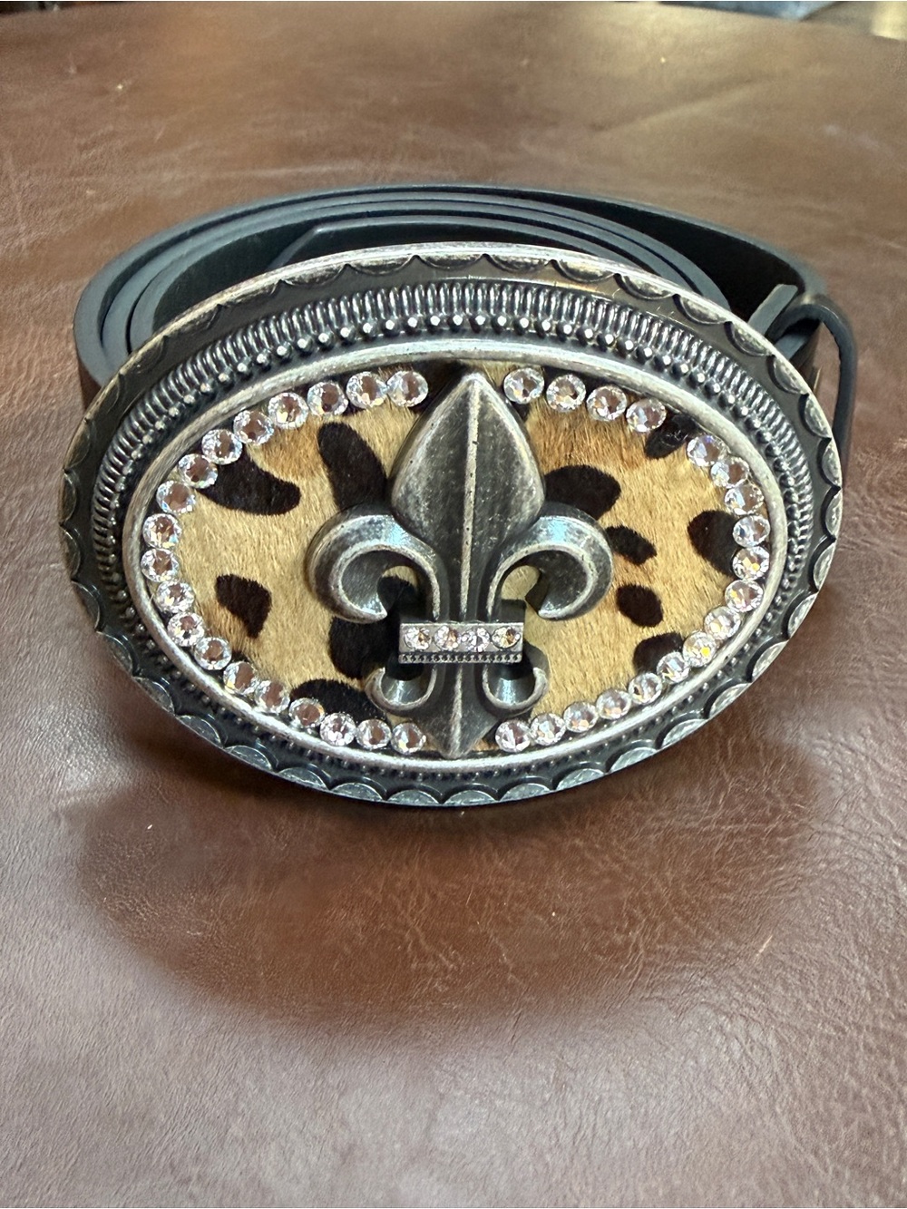 Leopard Fleur-de-Lis Rhinestone Belt Buckle - Women leather strap.
